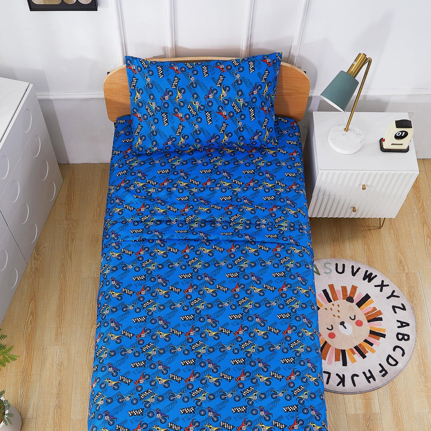 lasoftan Kids Sheet Set Twin Size, Twin Sheet Set with Motorcycle Pattern,Breathable Silky Soft Microfiber Kids Fitted Sheet