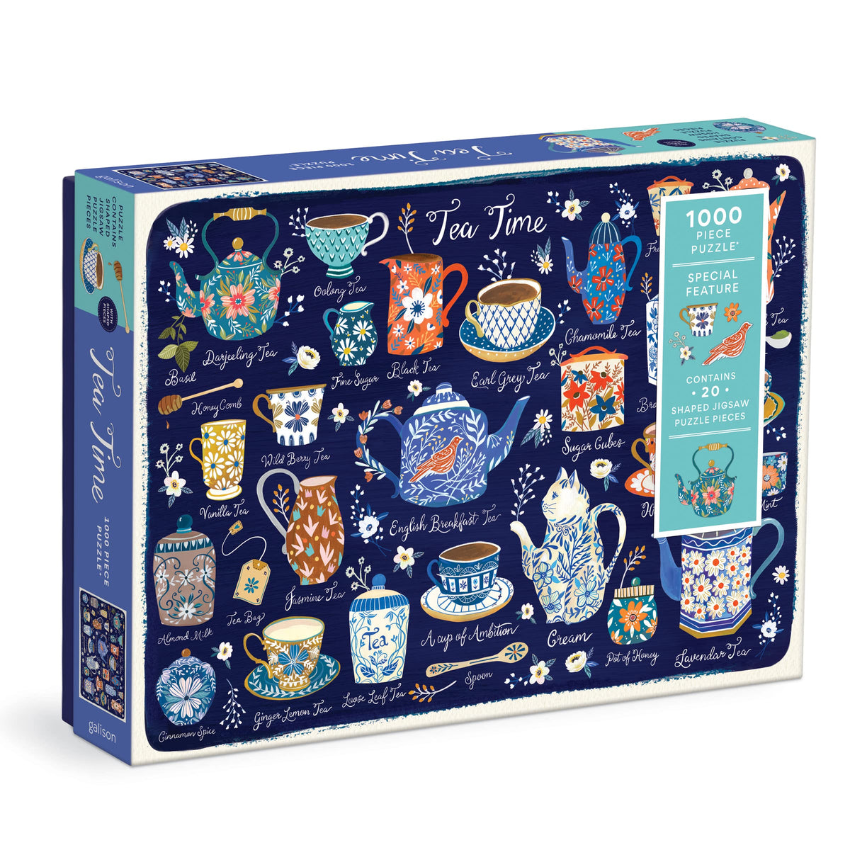 Tea Time 1000 Piece Puzzle with Shaped Pieces from Galison - 27” x 20” Puzzle with 20 Uniquely Shaped Pieces, Colorful Artwork, Thick & Sturdy Pieces, Challenging and Fun Puzzling Activity for Adults