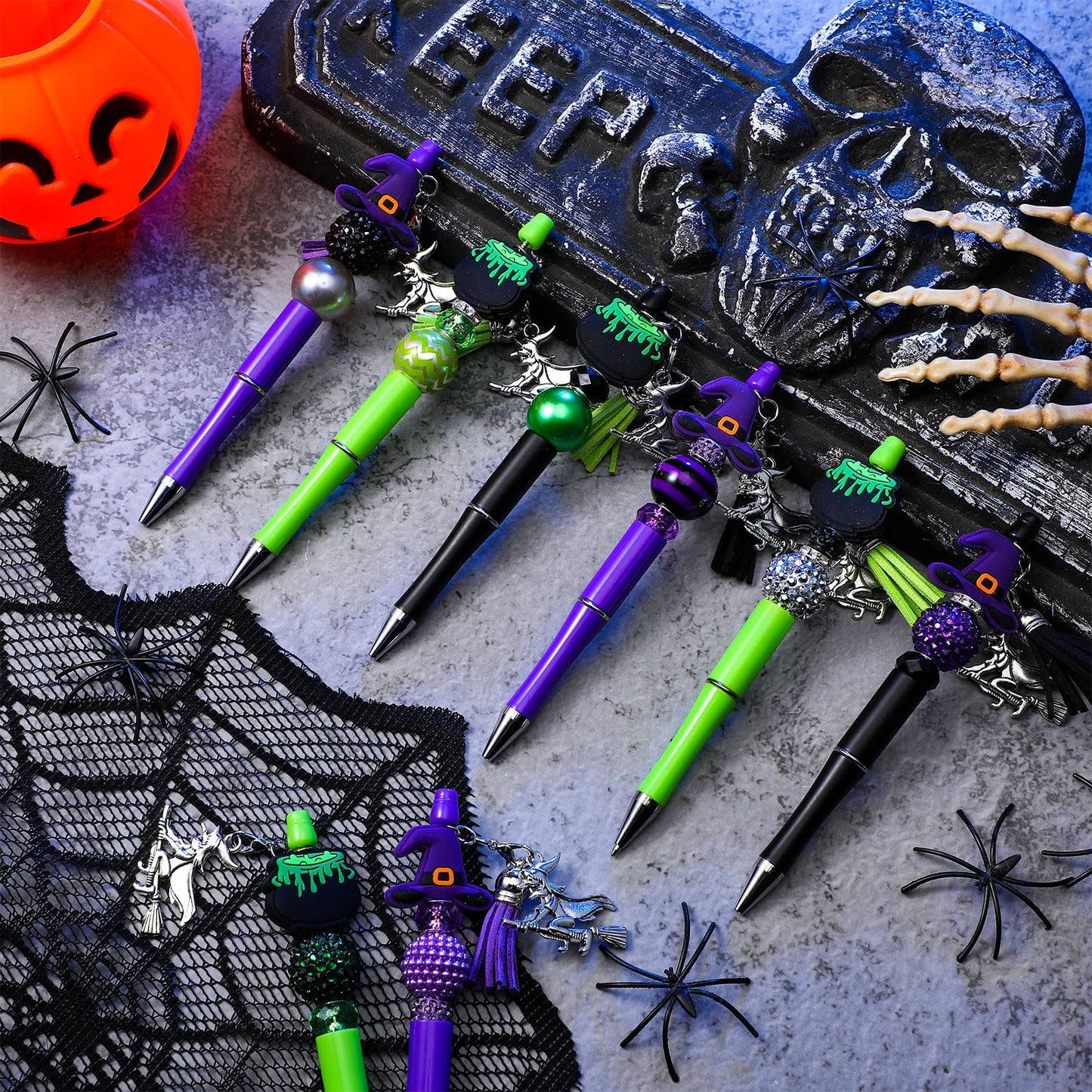 Jutom 12 Pcs Halloween Beadable Pens with Focal Silicone Beads Witch Cauldron Purple Green Bead Crafting DIY Making Pens Kit for Office School Christmas Holiday Gift Bulk