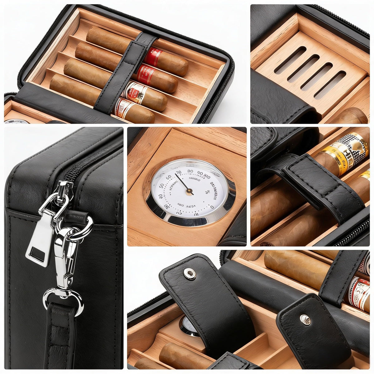 Cigar Humidor, Leather Cedar Wood Cigar Case with Multi-Functional,Hygrometer,Humidifier, Portable Cigar humidor,Carry Strap,Travel humidor Cigar Box, Cigar Gift for man.