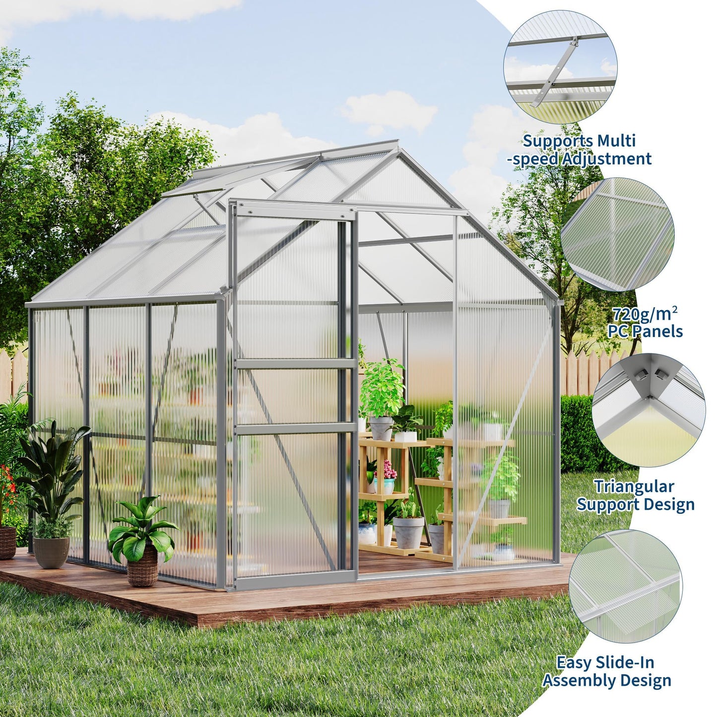 COZONY 6x6 FT Walk-in Polycarbonate Greenhouse for Outdoor Use – Sturdy Aluminum Frame, Lockable Sliding Door, Adjustable Roof Vent, Rain Gutter, Weather-Resistant – (8-Natural Color)