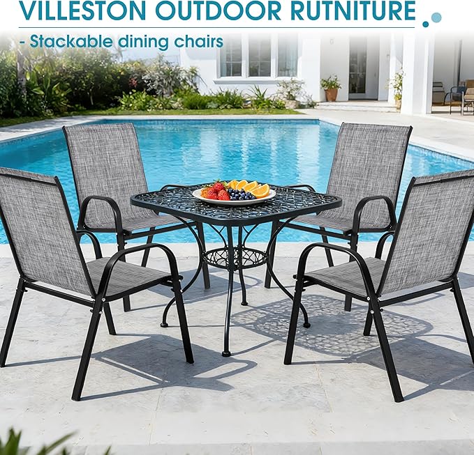 Outdoor Stackable Chairs Set of 4, Stacking Patio Chairs with Textilene Fabric, Outside Furniture for Garden Backyard Balconie Poolside Deck, Grey