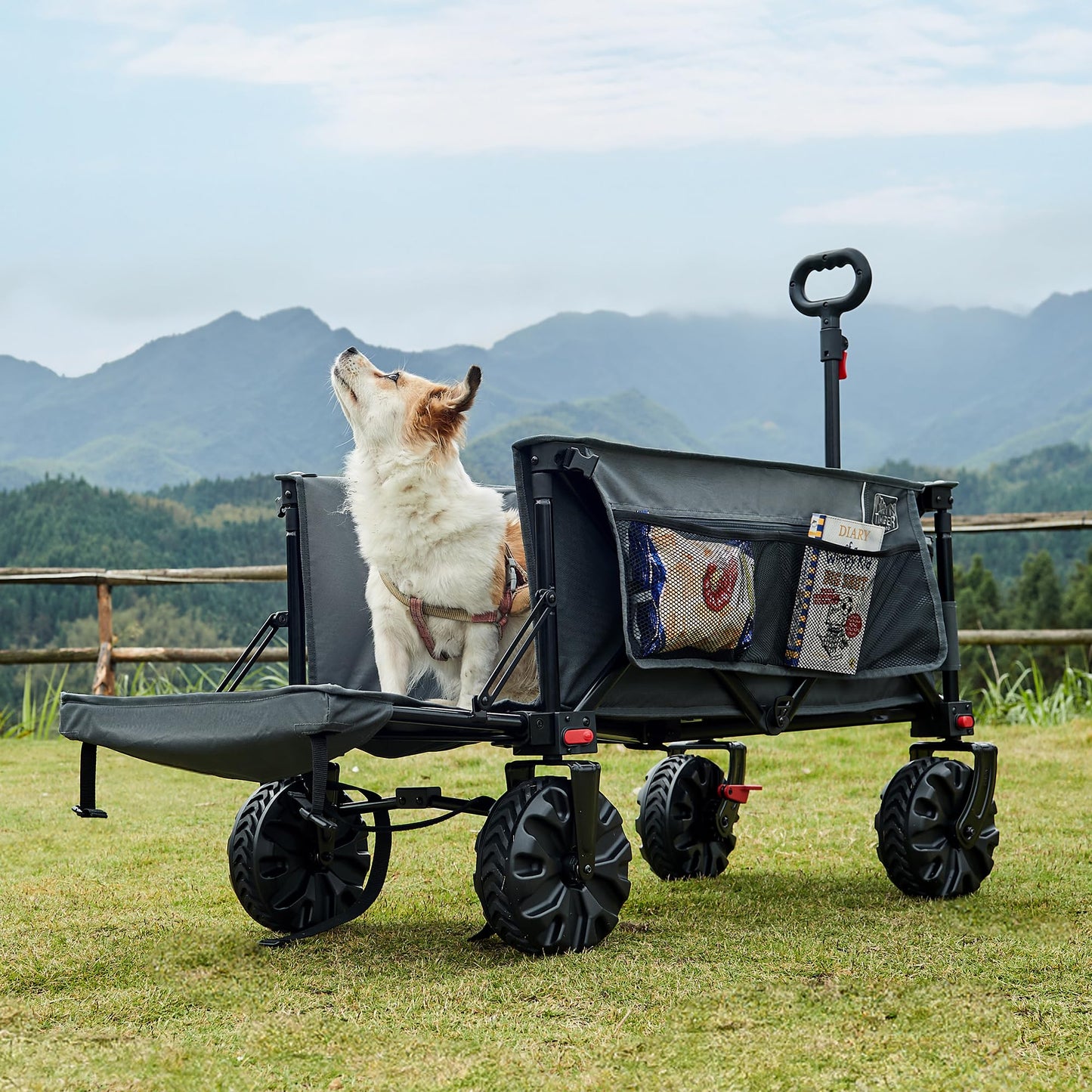 TIMBER RIDGE Festival Trolley 300L with Brakes, Folding Beach Trolley Cart with Tailgate, 135kg Collapsible Wagon Detachable Wide Wheels & Adjustable Handle for Outdoor Camping Garden, Grey