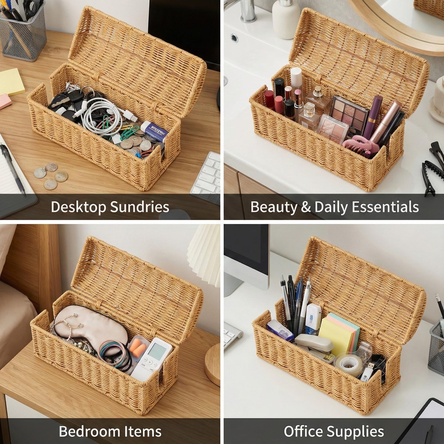 Handwoven Rattan Cable Management Box - Box to Hide Cords and Power Strip, Treasure-Box Dome-Top, Metal Baked Enamel Skeleton, Decorative Home Organizer