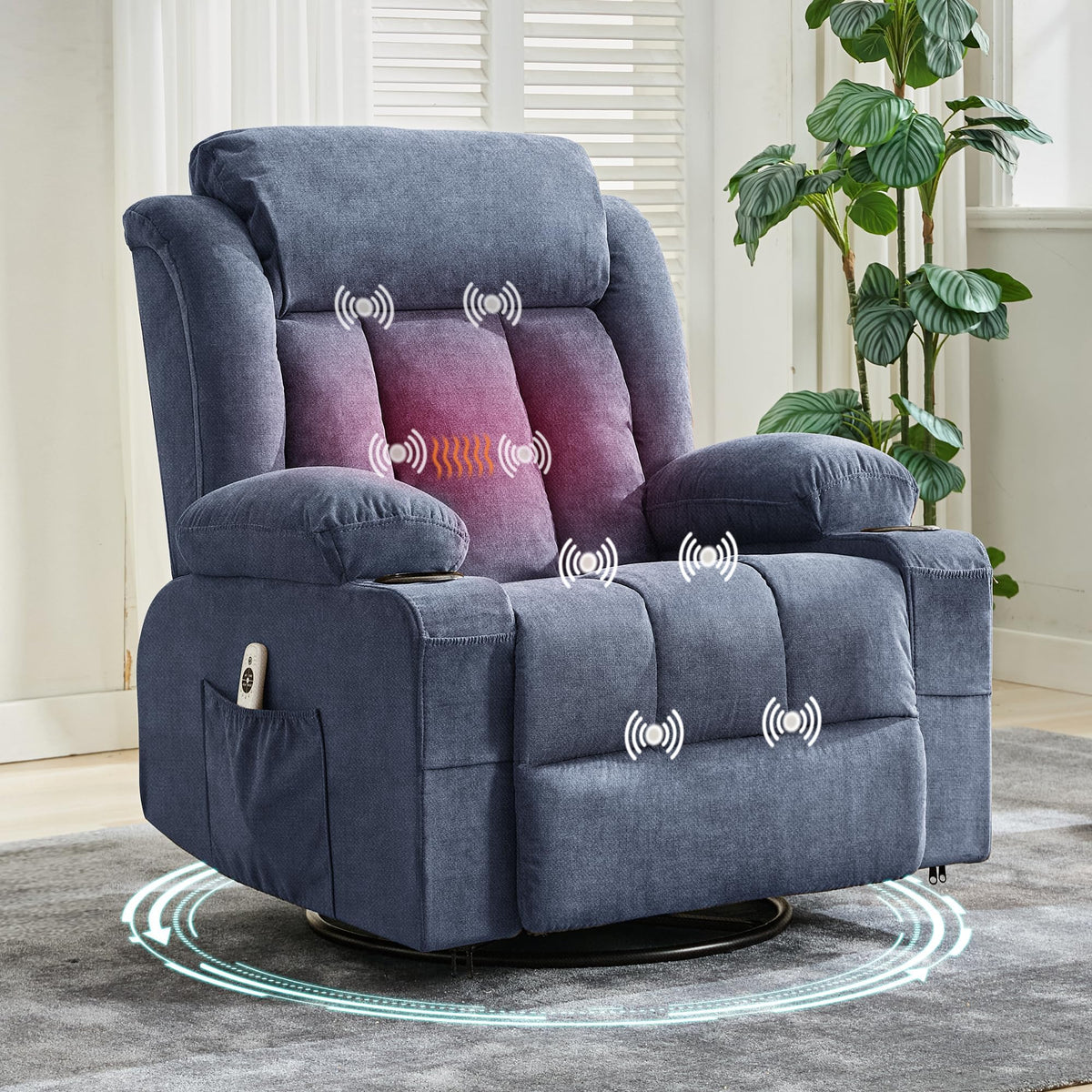 Oversized Swivel Rocker Recliner Chair with Heat & Massage, 3-Position Adjustable Nursery Recliner for Adults, Dual Cup Holders, Side Pockets, USB Charging Ports Blue