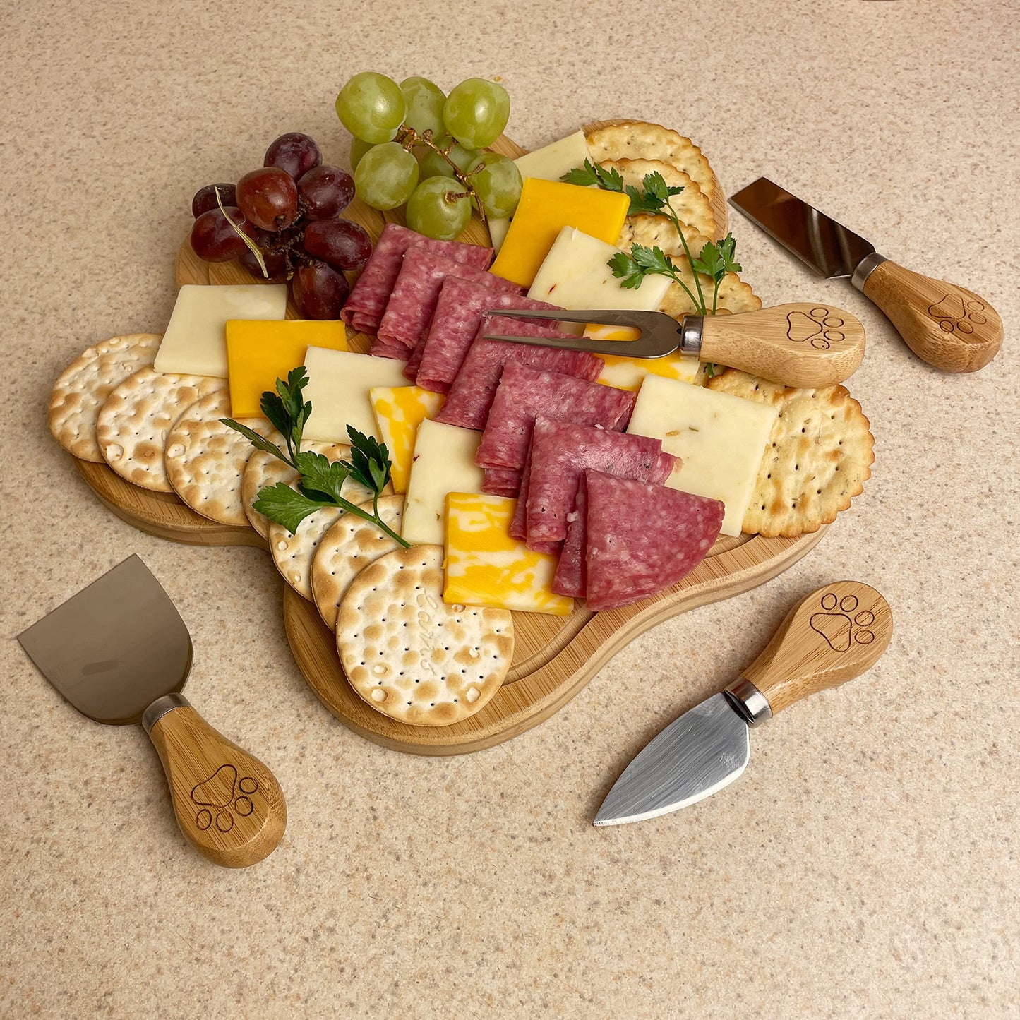 Pet Fit For Life - Paw Shaped Natural Bamboo Charcuterie Board - Wood Cutting Board/Cheese Board Set with 4 Matching Spreaders - Unique Gift Set For Any Occasion