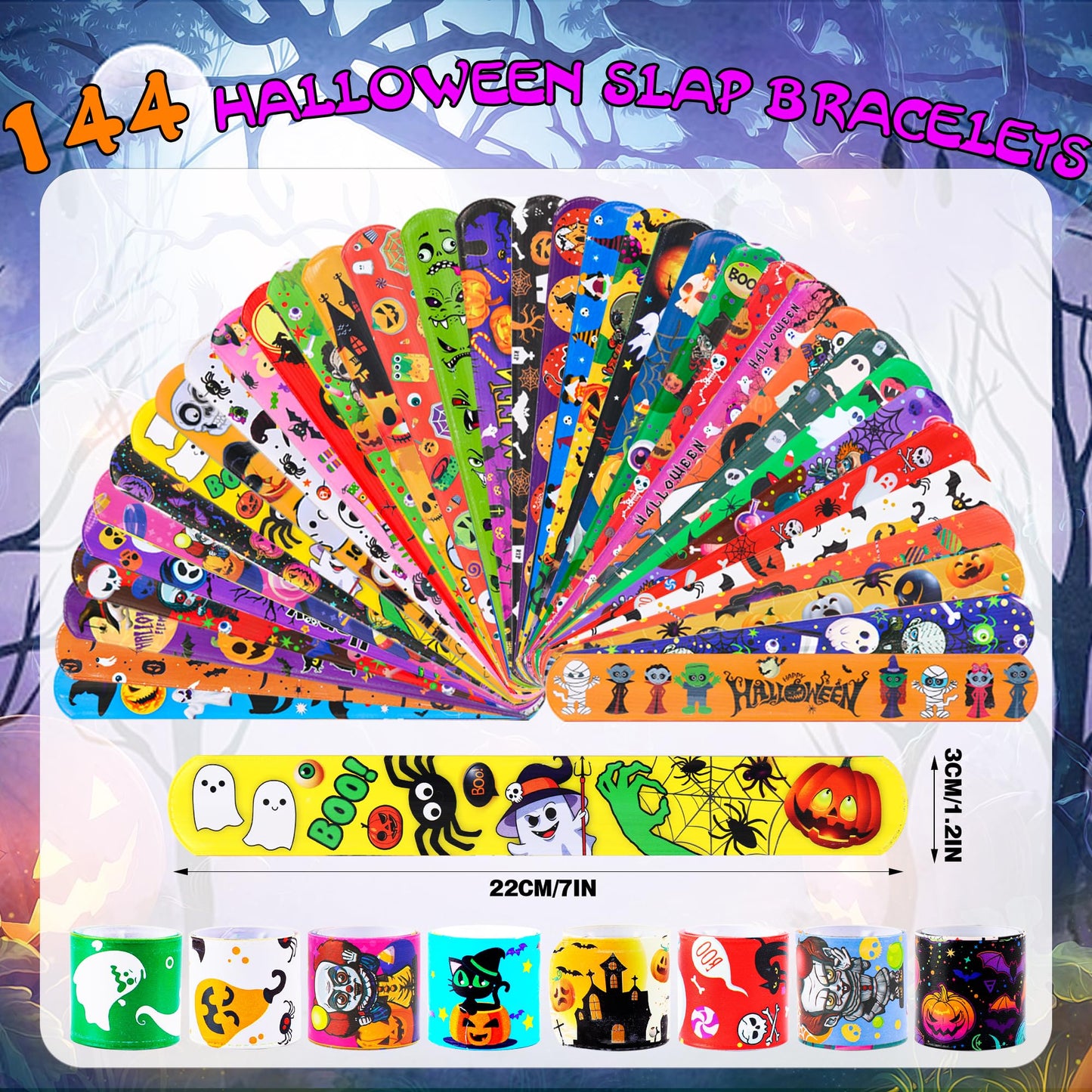 LUYI 144 PCS Halloween Slap Bracelets,Halloween Party Favors Supplies for Kids-108 Different Designs Bracelets Bulk for Halloween Decorations Treat Toys Bag Stuffers Gift for Kids Girls Boys