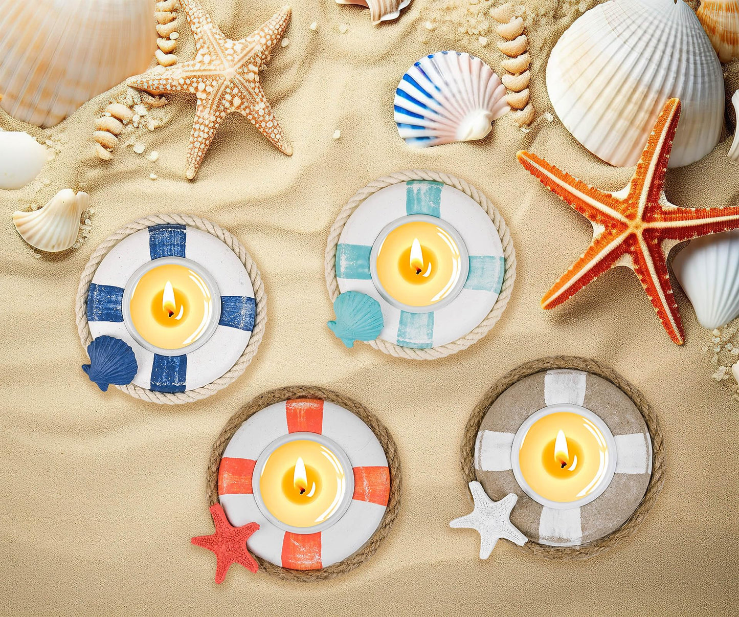 SAILINGSTORY Wooden Life Ring Tealight Candle Holder Nautical Coastal Beach Decor Votive Candle Holder Set of 4 Pack