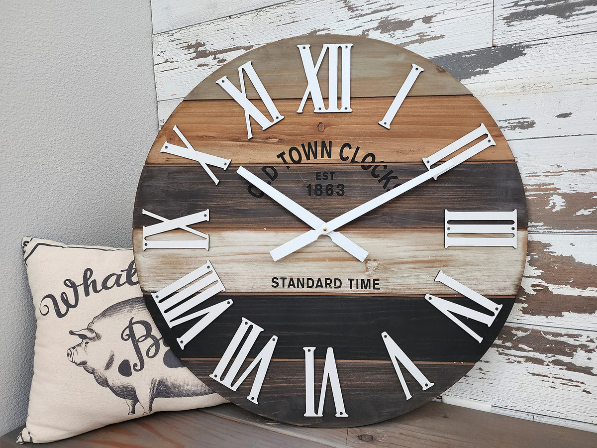 Oldtown Clocks 30" Wooden Multi-Color Maritime Coastal Beach Large Roman Wall Clock (Grey, 30 inch)