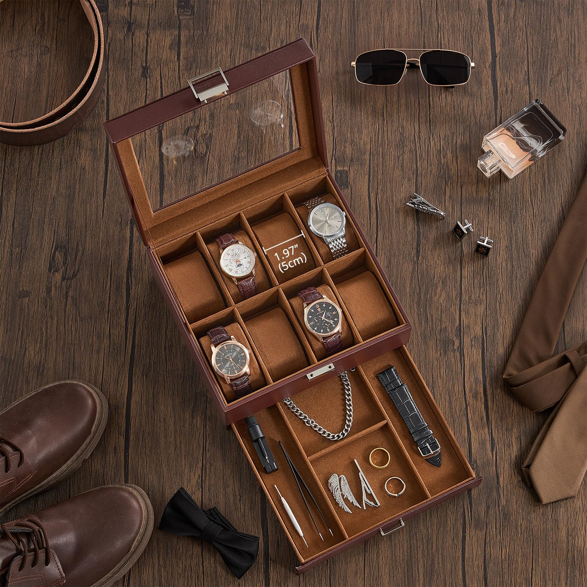 ProCase Watch Case, 8 Slot Mens Watch Box Holder Organizer with Glass Lid, 2-Layer Watches Display Case, Mens Jewelry Box with Drawer, Birthday Valentine Gifts for Men Women -8 Slot, Espresso
