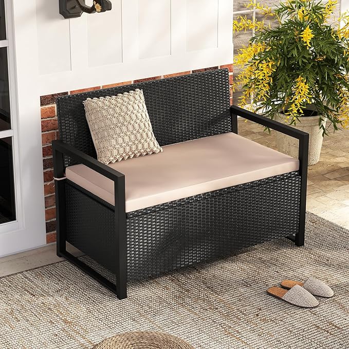 RELAX4LIFE Wicker Outdoor Bench with Storage - Rattan Deck Box w/Protective Liner for Pillows, Pool Supplies, Garden Tools, Patio Loveseat with Seat Cushion & Metal Armrests for Backyard Porch Balcony