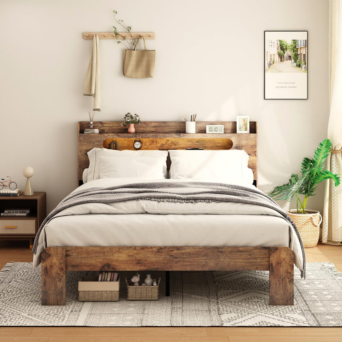 KEIKI King Size Bed Frame with Storage Headboard, LED Lights & Charging Station, Wood Platform Bed Frame with 2 USB Ports & Outlets, Noise Free, No Box Spring Needed, Easy Assembly, Under Bed Storage