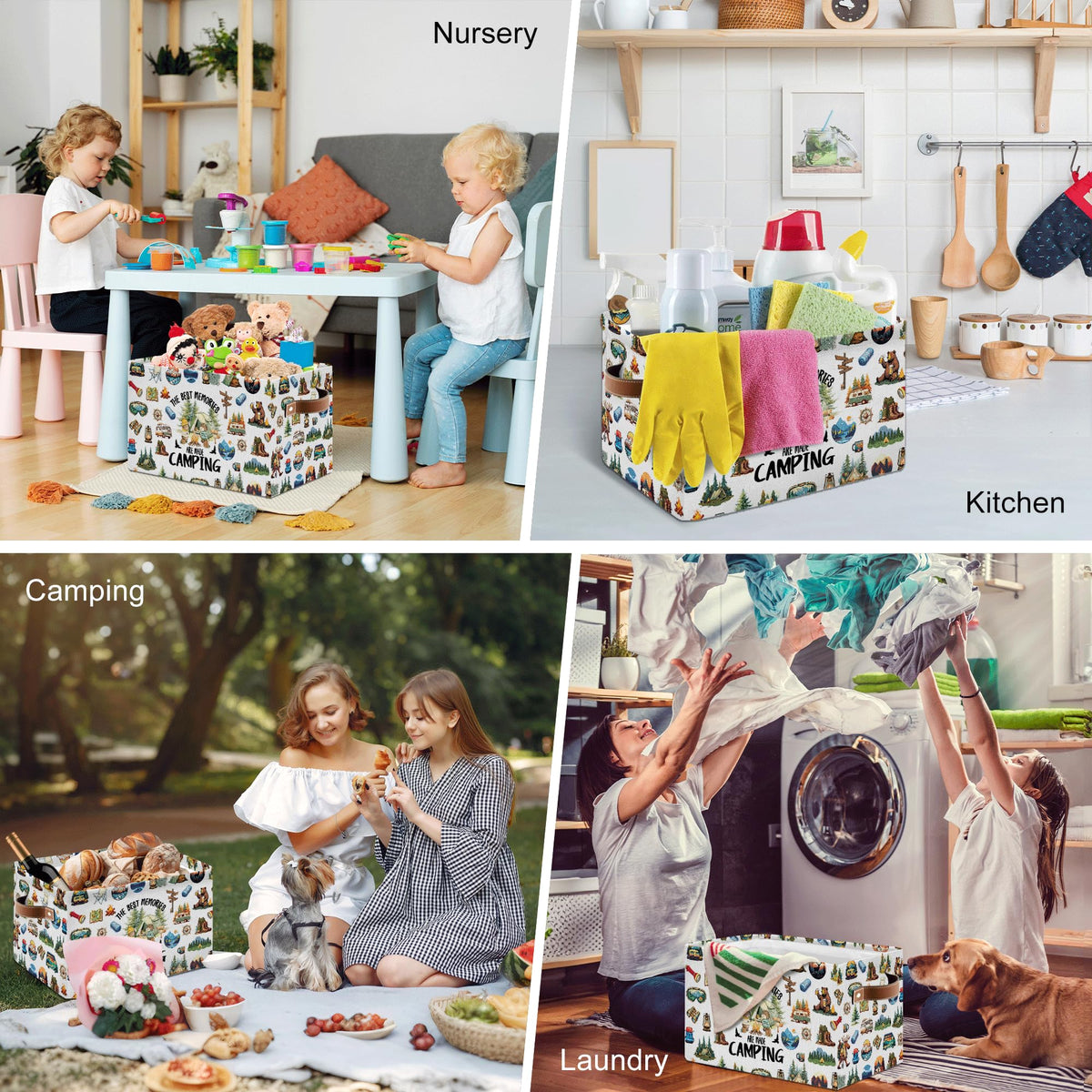 JOPJOLIW Camping Rectangle Storage Basket - Camping Themed Collapsible Storage Baskets with Handles - Camp out in the Wild Storages Bin for Kids Clothes, Gifts, Books, Toys