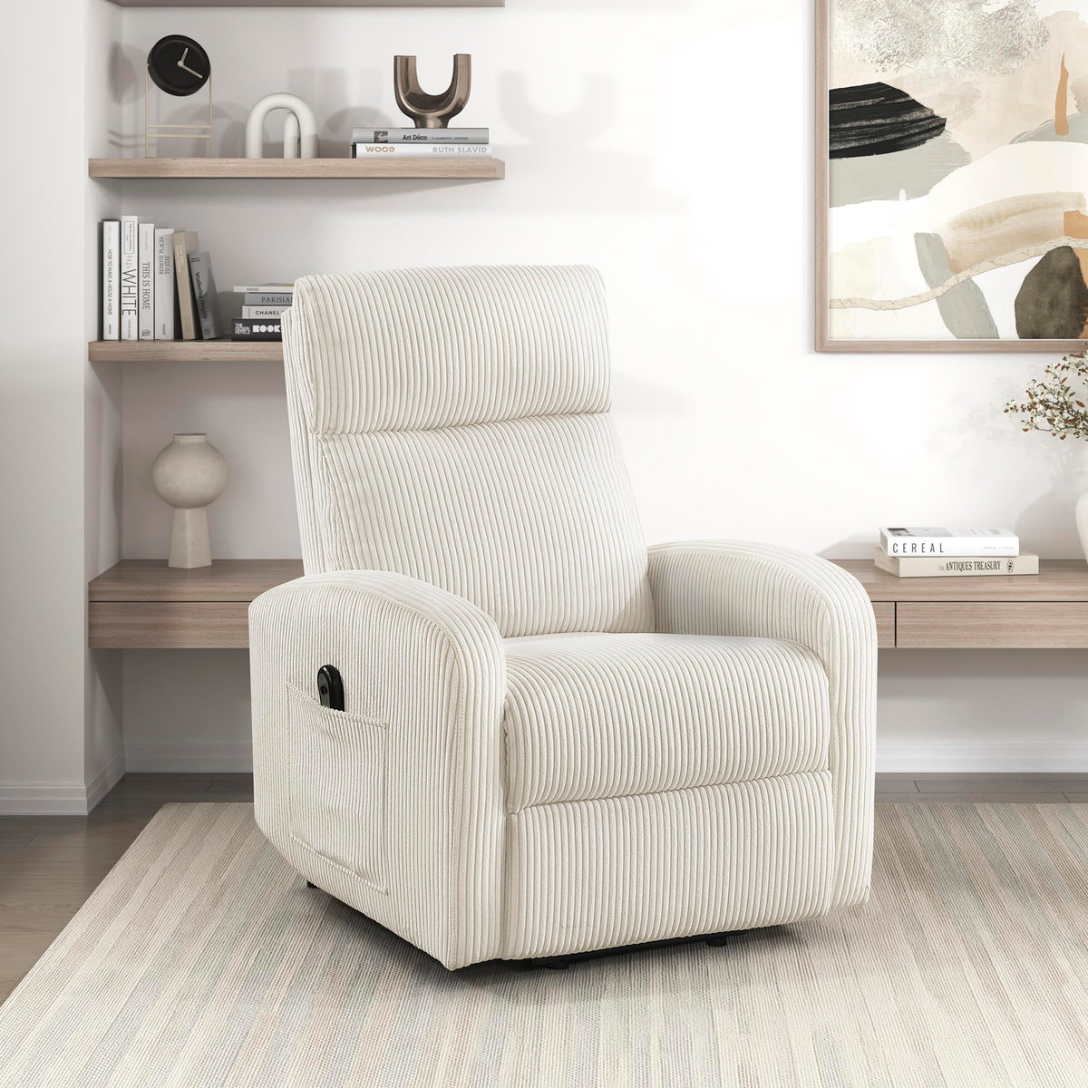 Lexicon Power Lift Recliner Chair for Elderly with Remote Control, Gentle Lift Motion, Side Pocket Armrest, Corduroy Upholstered Electric Recliner for Living Room/Bedroom, Easy Assembly, Beige
