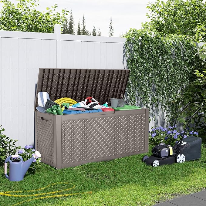 ROJIK Outdoor Storage Housing Deck Box - Waterproof Patio Furniture, Garden Tools, Cushions, Pool Accessories Storage Bench with Lockable Lid and Side Handles (Grey,125 Gal)