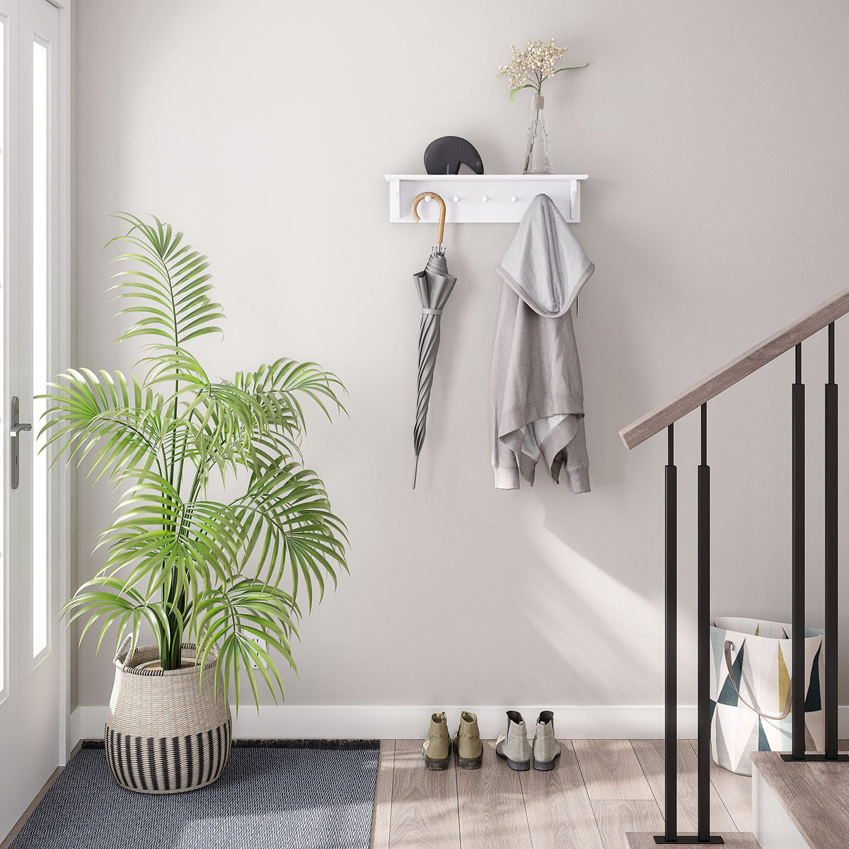 Ballucci Floating Coat and Hat Wall Shelf Rack, 5 Pegs Hook, 24", White