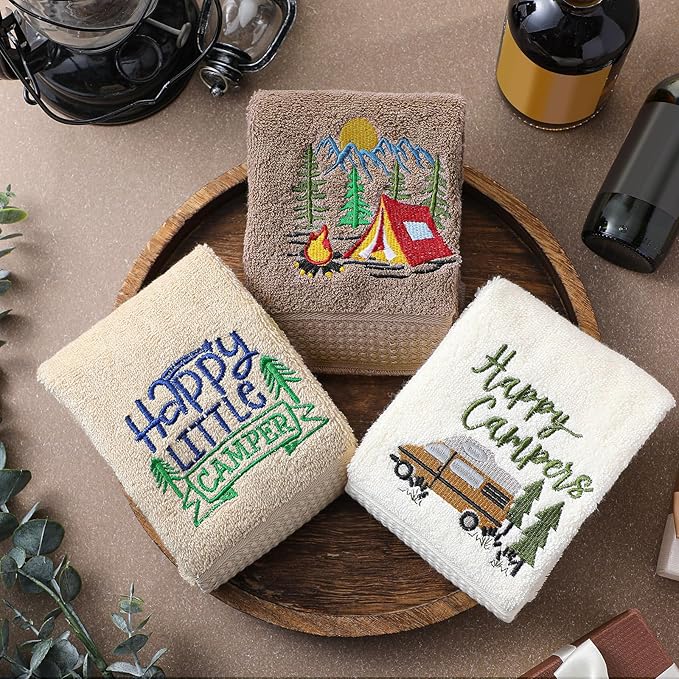 Kitchen 3 Pcs Camping Themed Hand Towels Embroidered Happy Camping Bathroom