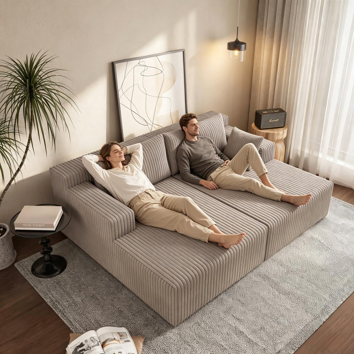 KEIKI 71" L Oversized Double Lounge Chaise Indoor, Corduroy Deep Seat Sectional Modular Couch Sleeper Loveseat Chair, Boneless Upholstered Reading Lazy Cloud Plush Sofa Bed for Living Room, Bedroom