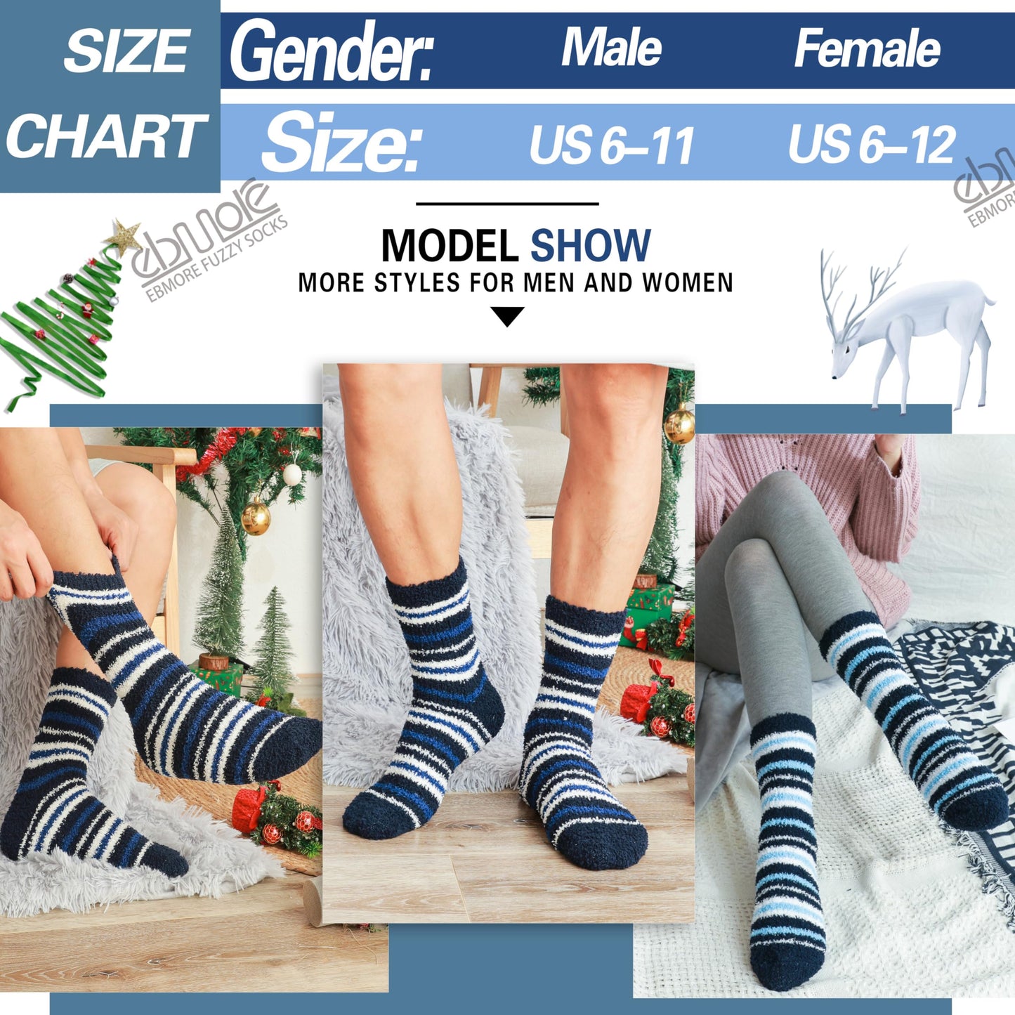 EBMORE Fuzzy Socks - Men & Women's Fluffy Warm Winter Thick Cozy Slipper Cabin Soft Stocking Stuffers Socks (Dark Stripes)