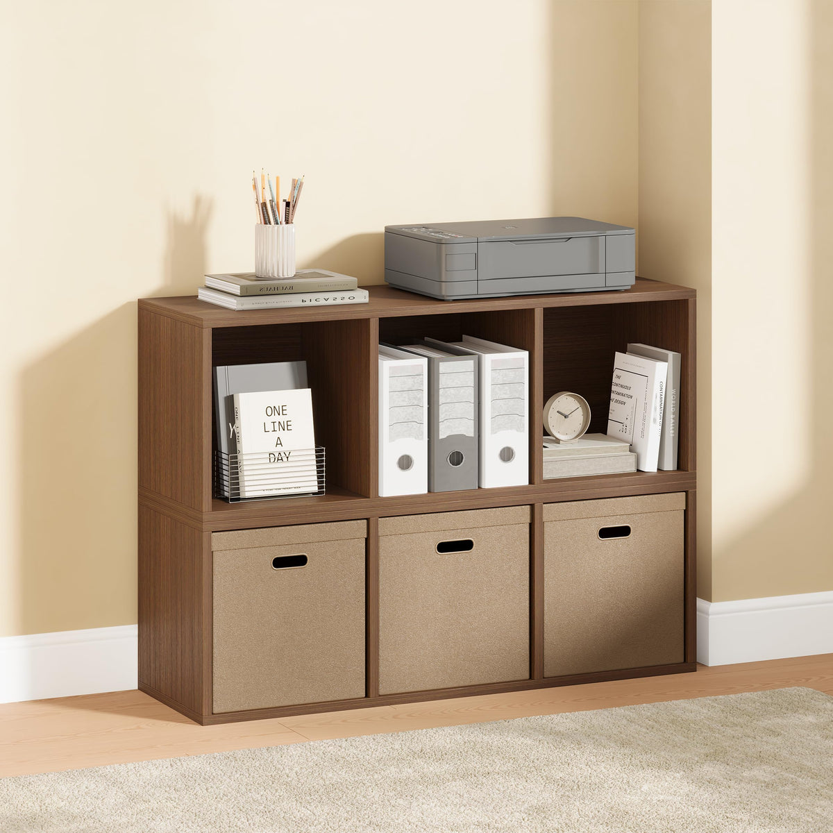 IOTXY DIY Modular Cube Bookcase - CubeXY Customizable Stackable Expandable Basic Shelving Units, 3-Cube Wooden Open Bookshelf for Fabric Storage Bin Organizer, Walnut