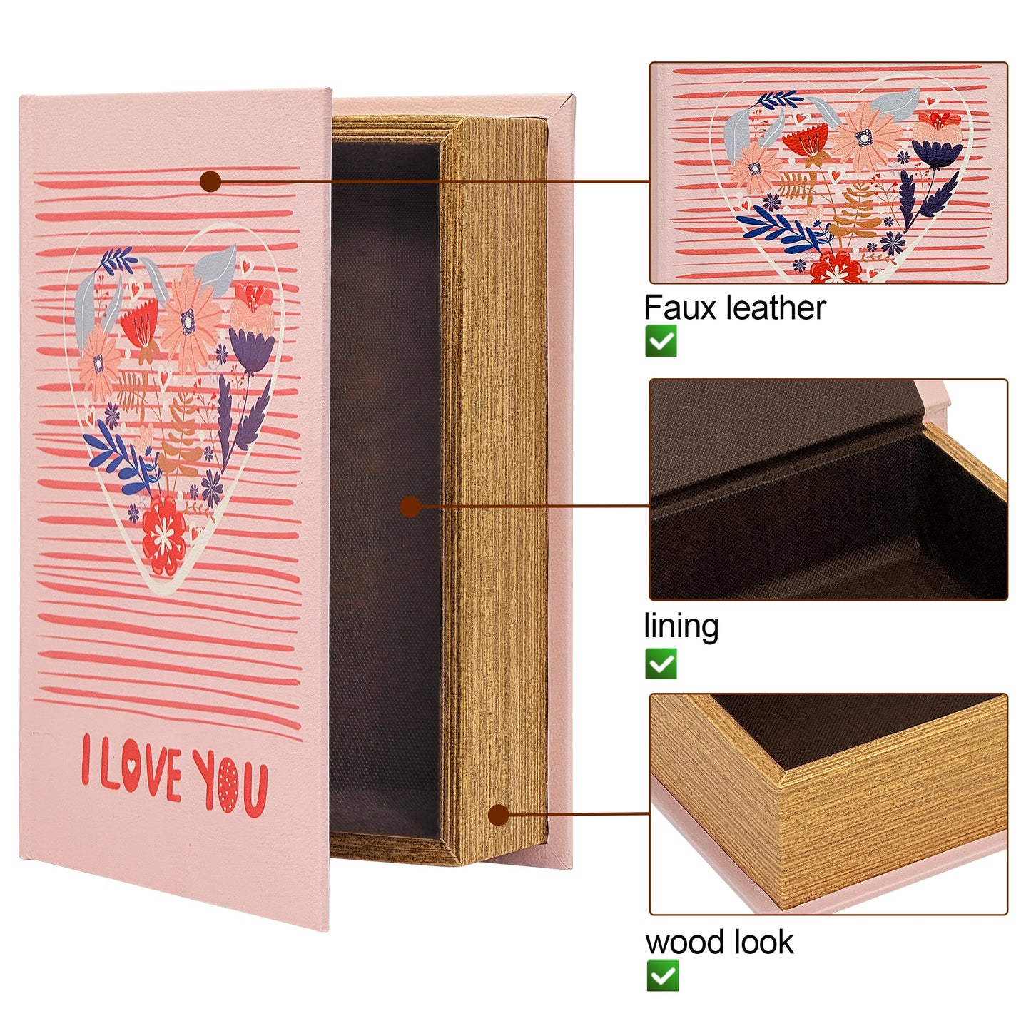 PACOLO Decorative Book Boxes, Faux Wood cover Storage for Hidden Jewelry, Money, and Cash (I LOVE YOU)
