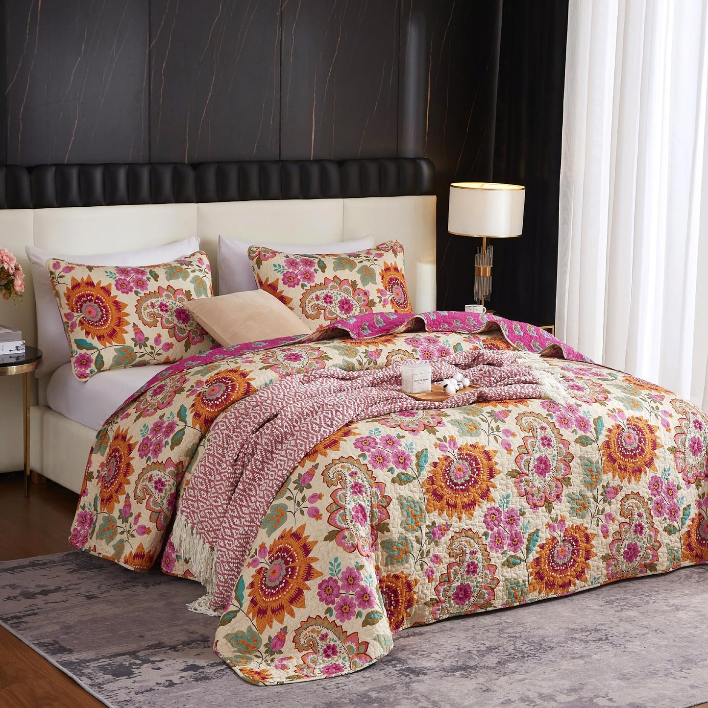 YASMENG 100% Cotton Boho Quilt Set Queen Size Vibrant Bohemian Paisley Coverlet