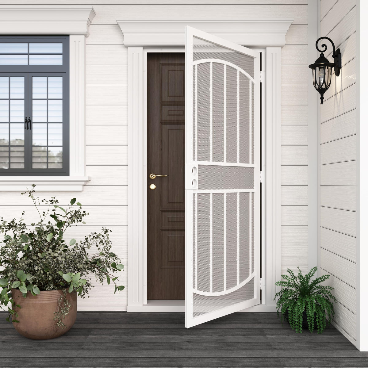 JUBEST 36" x 80" Steel Security Door, Universal/Reversible Outswing Security Screen Door, White Powder-Coated Surface Mount Frame with Expanded Metal Screen, Rust-Resistant, No Handles Included