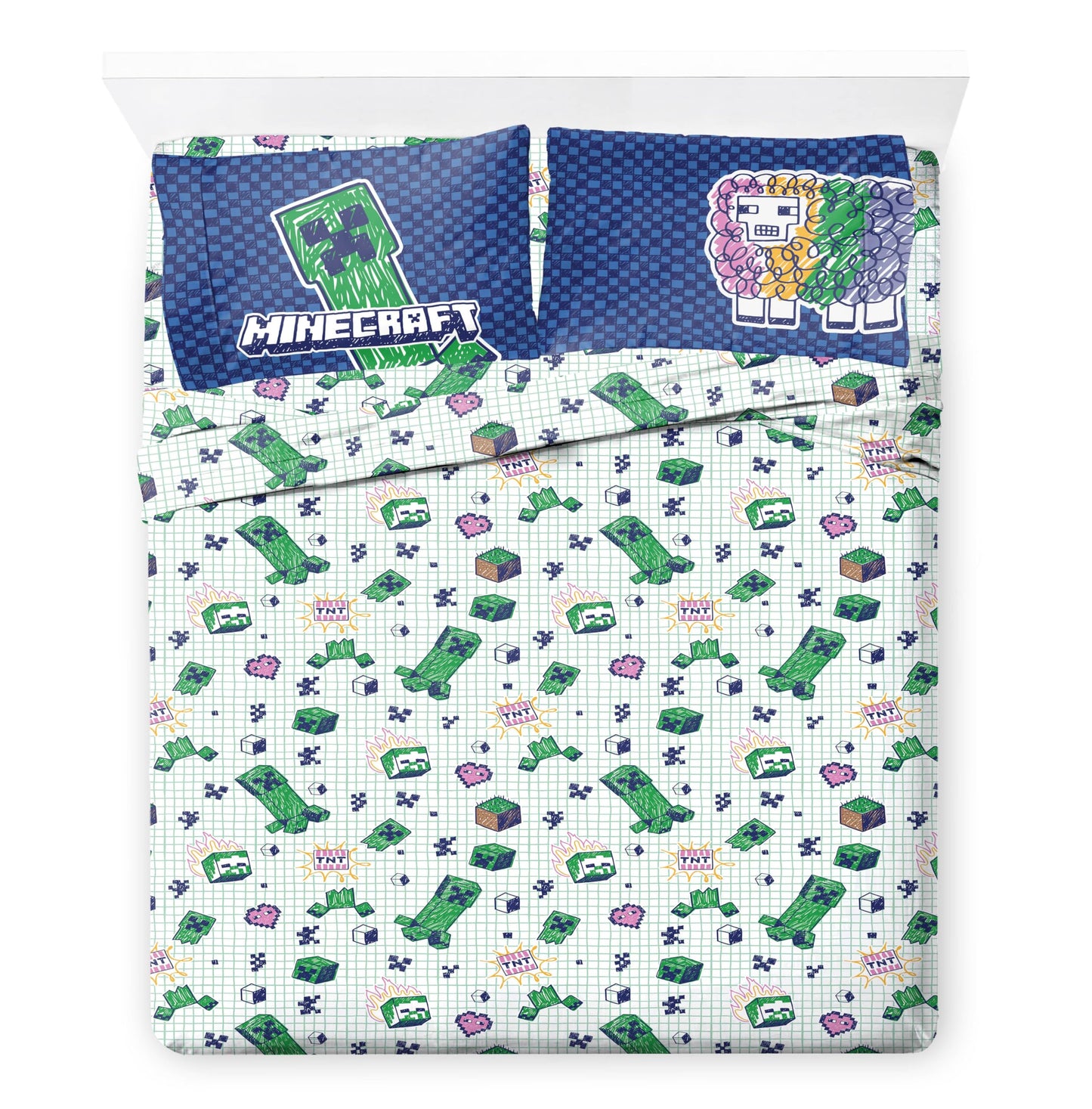 Jay Franco Kids Comforter Set Includes Sheets and Pillow Covers - Soft and Cozy Bed Set for Stylish Room Decor, Blue - Minecraft 02, 7 Piece Full Bedding