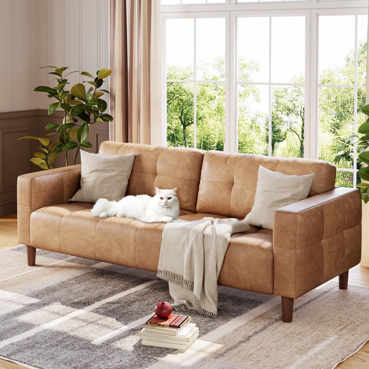 IDEALHOUSE 83” Brown Faux Leather Couch, 3 Seater Sofa Couches with 2 Removable Back Cushions for Living Room, Large Mid Century Modern Office Apartment Couch (Brown)