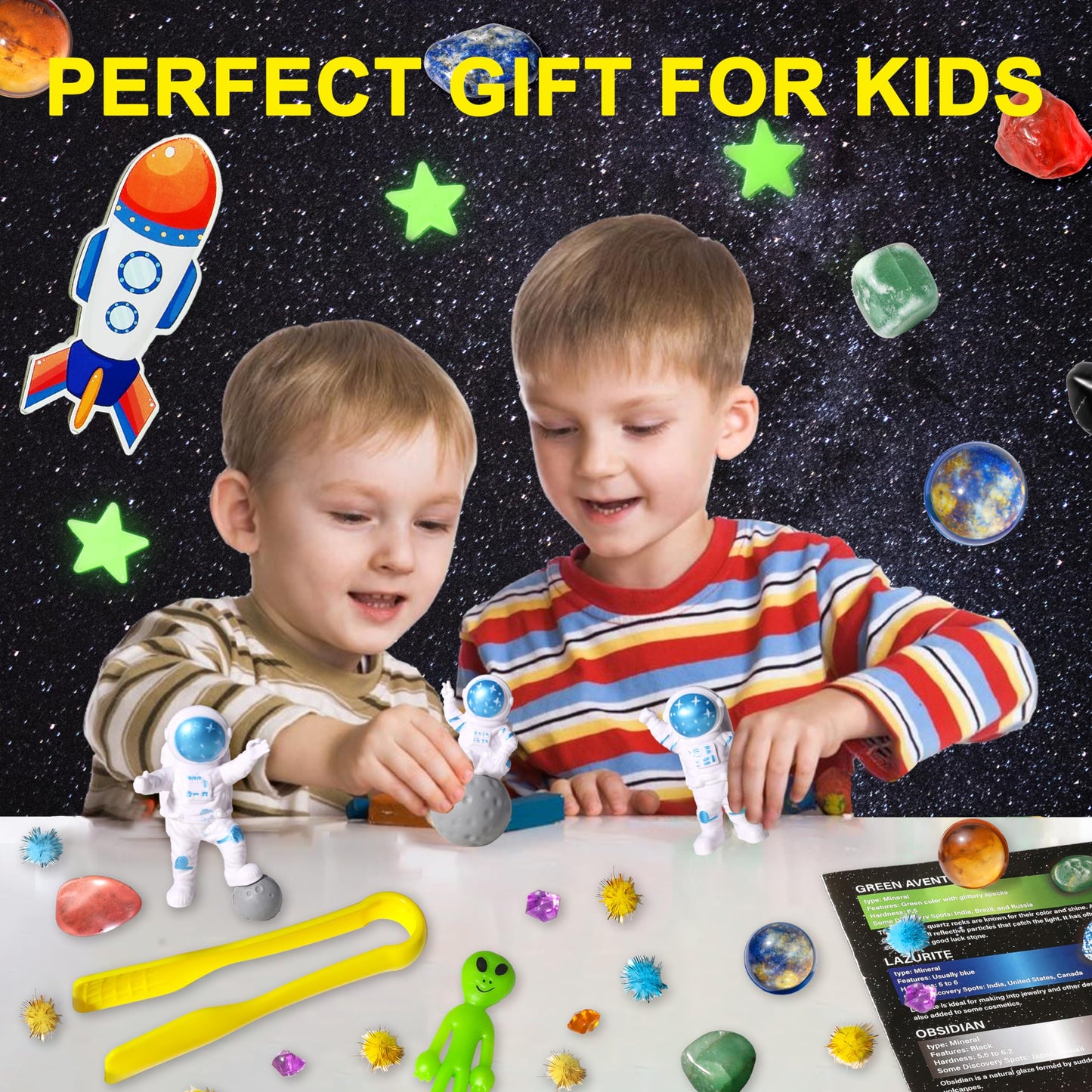 Galaxy Sensory bin, Gemstone Dig Kit,Galaxy Excavation Gem Kit with 5 Real Gemstones for Kids,Space Planet Toys STEM Science Kits,Alien Sandbox Play Set for Girls Boys 3 4 5 6 Years Old