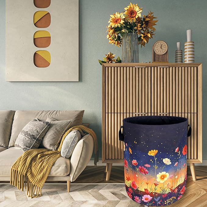 Colorful Flowers At Night Laundry Basket Floral Foldable Funny Laundry Hamper