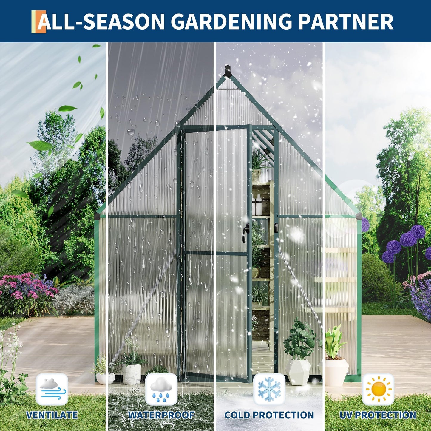 Heavy Duty 6x9 FT Polycarbonate Greenhouse for Outdoors, Aluminum Frame, UV-Blocking Panels, Double Doors, Roof Vent, Rain Gutter—Small Greenhouse for Outside Gardening