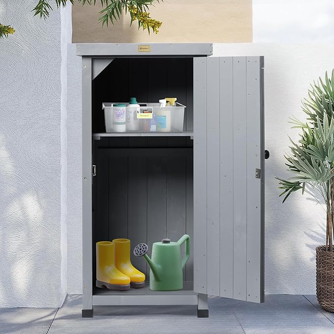 HABAU Outdoor Storage Cabinet for Patio, Garden Potting Bench Table with Shelves & Metal-Tabletop, Wooden Planting Work Station, Weatherproof