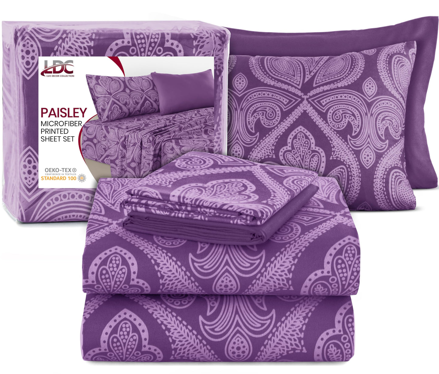 Ultra Soft Wrinkle-Free Microfiber Paisley Queen Sheet Set, Cute Floral Pattern Boho Print – 16" Deep Pocket Fitted Sheet, Flat Sheet & 4 Pillowcases, Breathable, OEKO-TEX - Purple