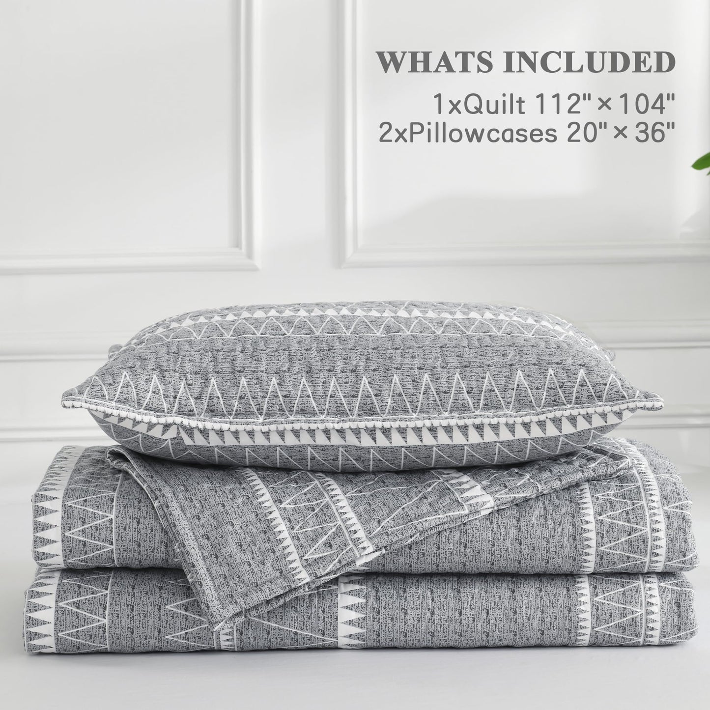 Andency California King Quilt Set Grey, 3 Pieces Boho Lightweight Soft Striped Cal King Bedspread for All Season (112"x104"), Gray Printed Bohemian Polyester Reversible Coverlet Comforter Sets