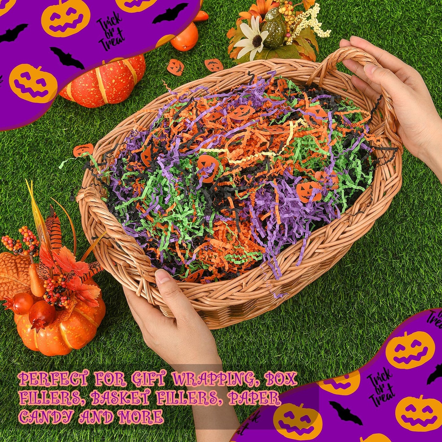 Kosiz 1 lb Halloween Crinkle Cut Paper Shred Black Orange Purple Raffia Paper Shred Filler with Pumpkin Confetti for Gift Wrapping Craft DIY Basket Box Trick or Treat Halloween Party Supply