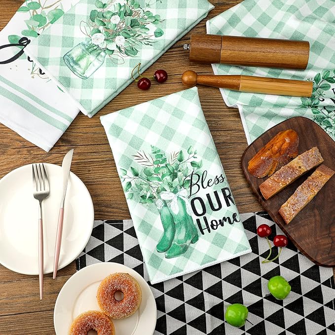 Set of 6 Eucalyptus Kitchen Towels Green Leaves Dishtowels Absorbent Spring