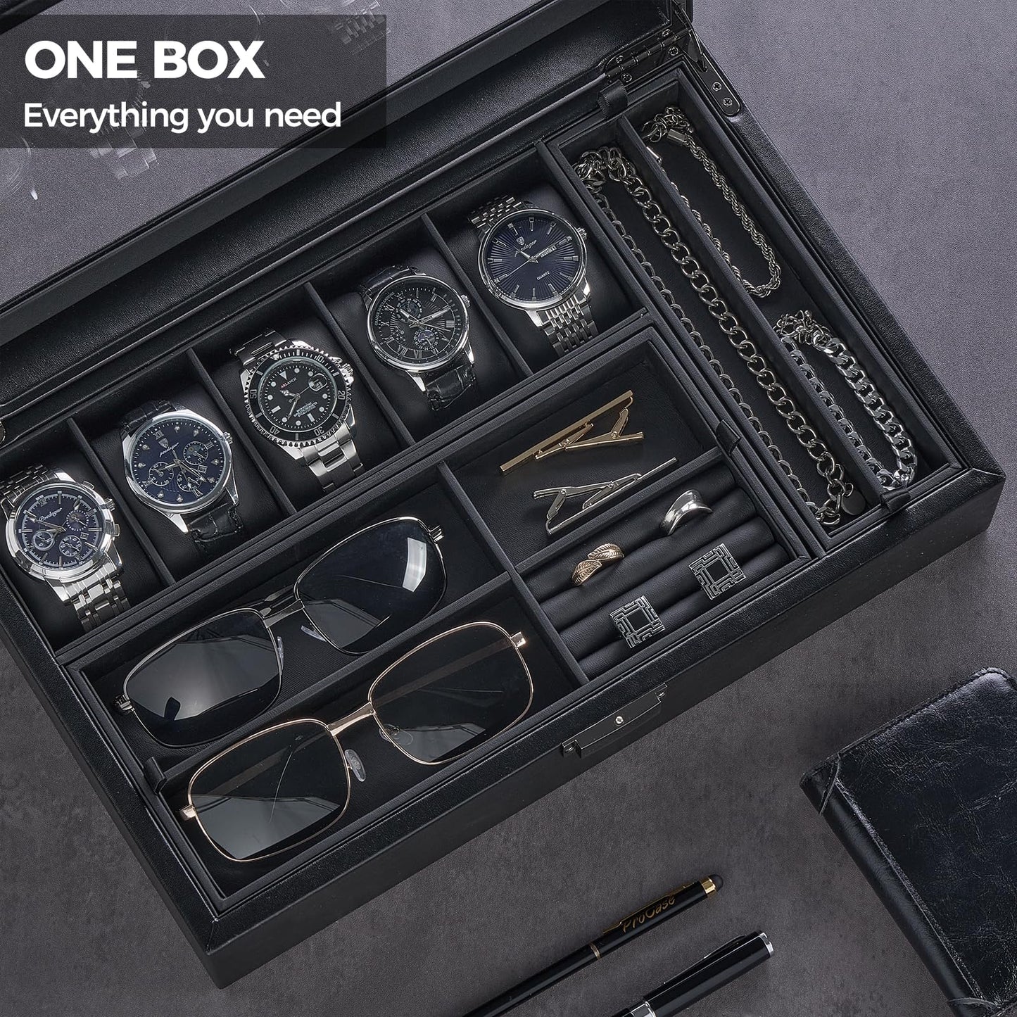 ProCase Men's Jewelry Box, 5-Slot Wood Watch Display Case Jewellry Storage Organizer for Sunglasses Rings Accessories with Hidden Compartment, Watch Holder with Glass Lid, Gift for Men -Black