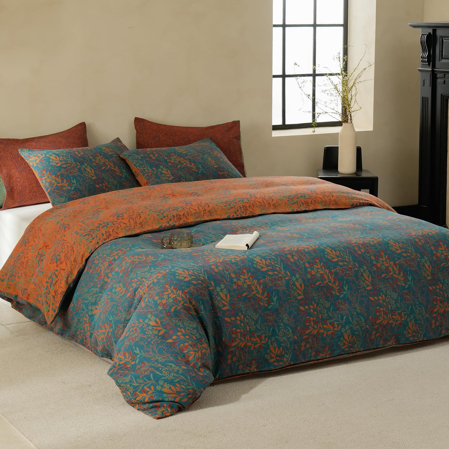 BISELINA 100% Cotton Muslin Duvet Cover Set Queen, 3 Pcs Yarn-Dyed Jacquard Textured Reversible Floral Design, Soft and Breathable Bedding Set with Zipper Closure, Blue Orange