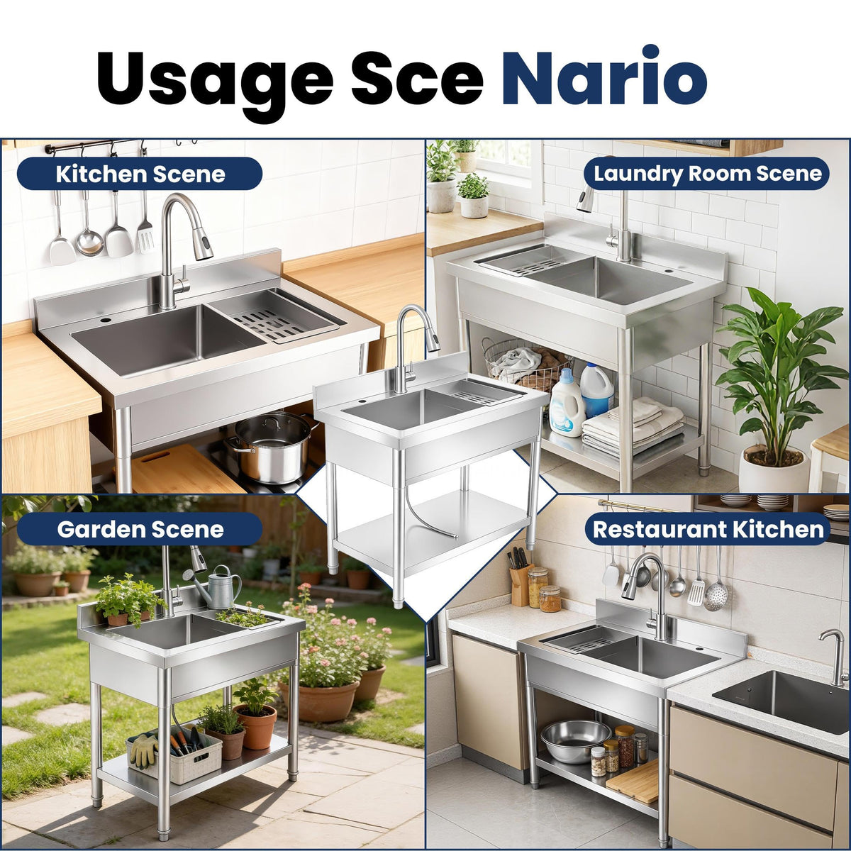 31 Inch Laundry Room Stainless Steel Utility Sink Single Bowl, with Retractable Hot & Cold Faucet, Hose and Drain Kit for Daily Household Use