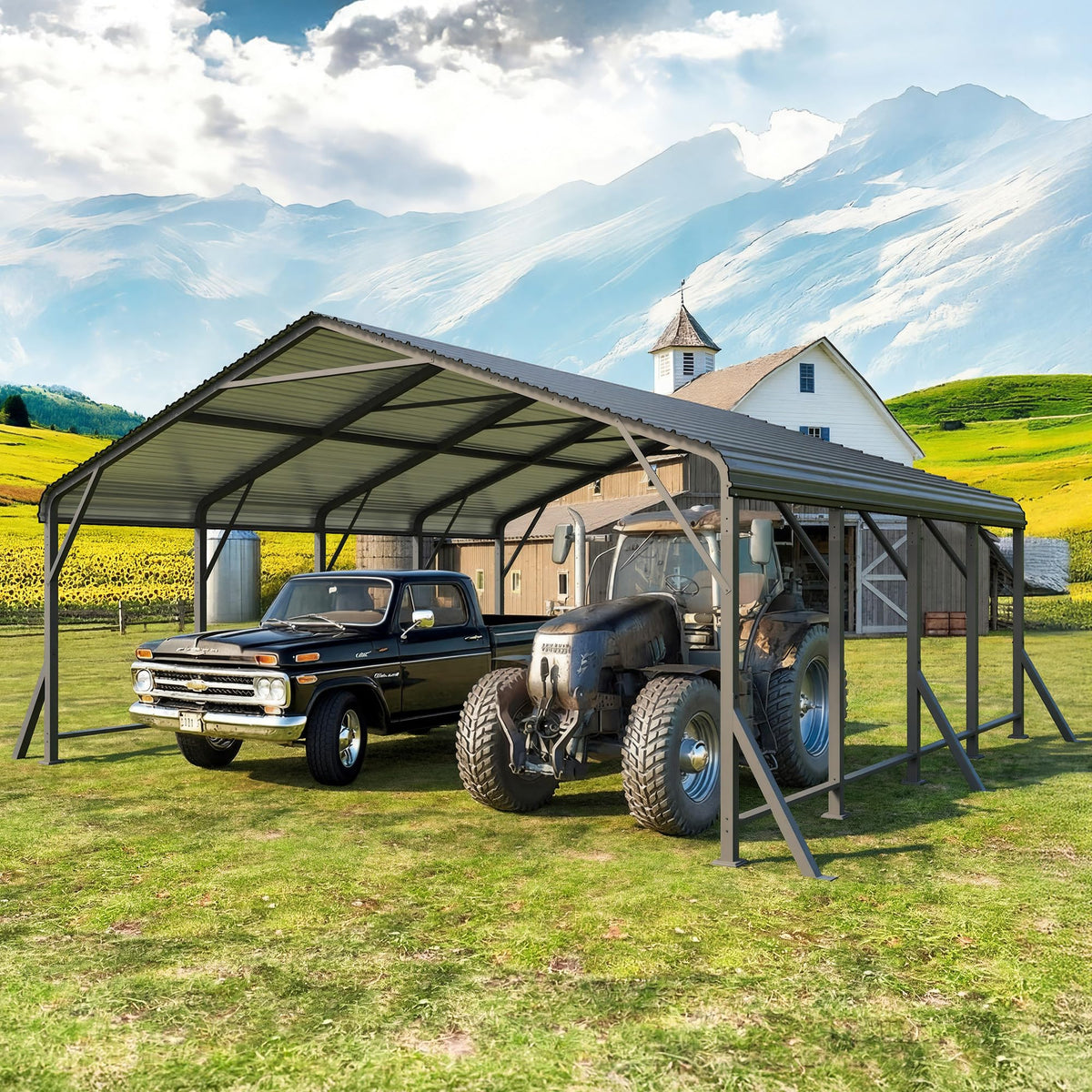 20'x20' Metal Carport with Updated Roof & Enhanced Base, Heavy Duty Canopy Carport Garage, Vertaile for Car, Truck, Boat, Tractors, Party, Dark Gray