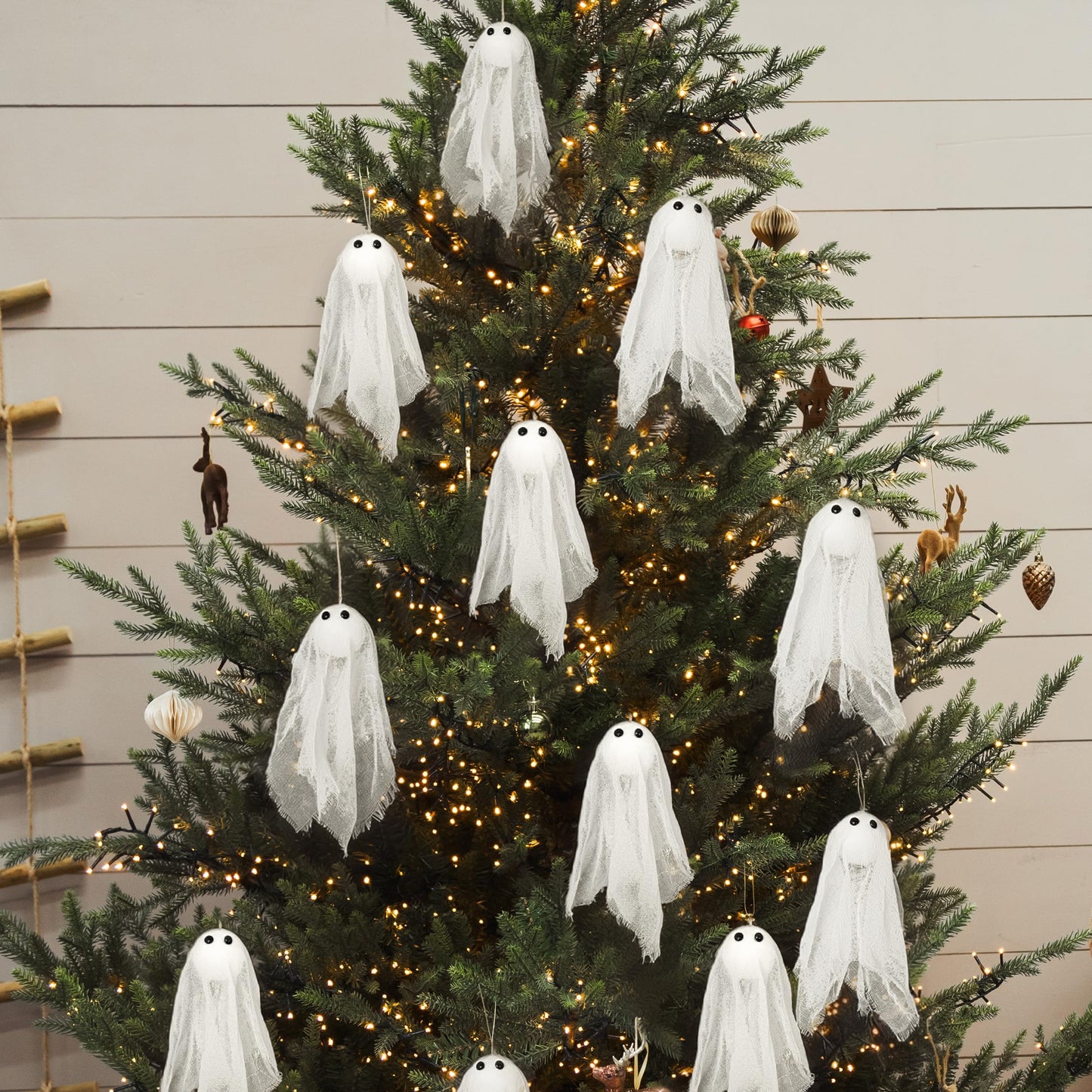 Decor365 Spooky Christmas Tree Hanging Ghost Decor Small Cute White Ghosts Creepmas Decorations Ofiice Classroom Living Room Mini Ghost Garland Outdoor Spookmas Party Decorations (Pack of 12)