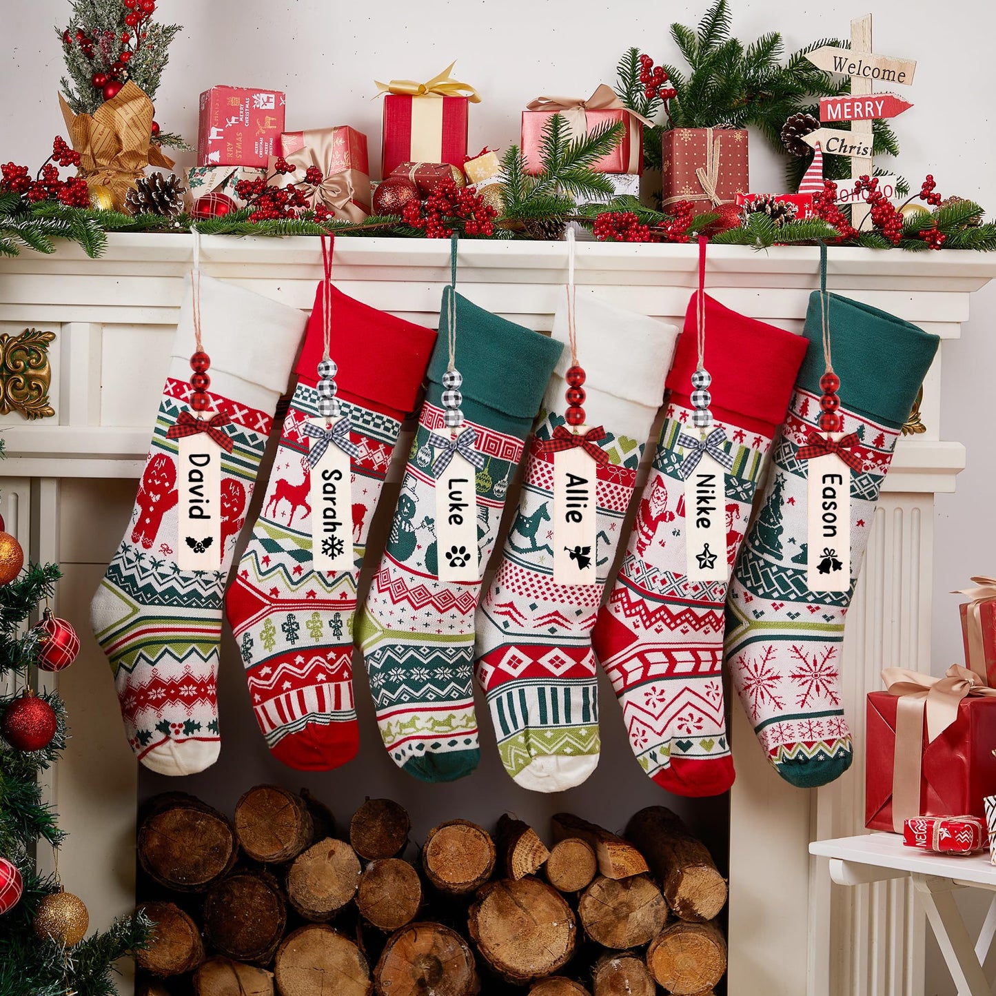 Mostop 6 Pack Christmas Stockings, 21 Inches Large Cable Knitted Stockings, Snowflake Reindeer Snowman Christmas Tree Knitted Stocking Decorations for Xmas Family Holiday Season Decor