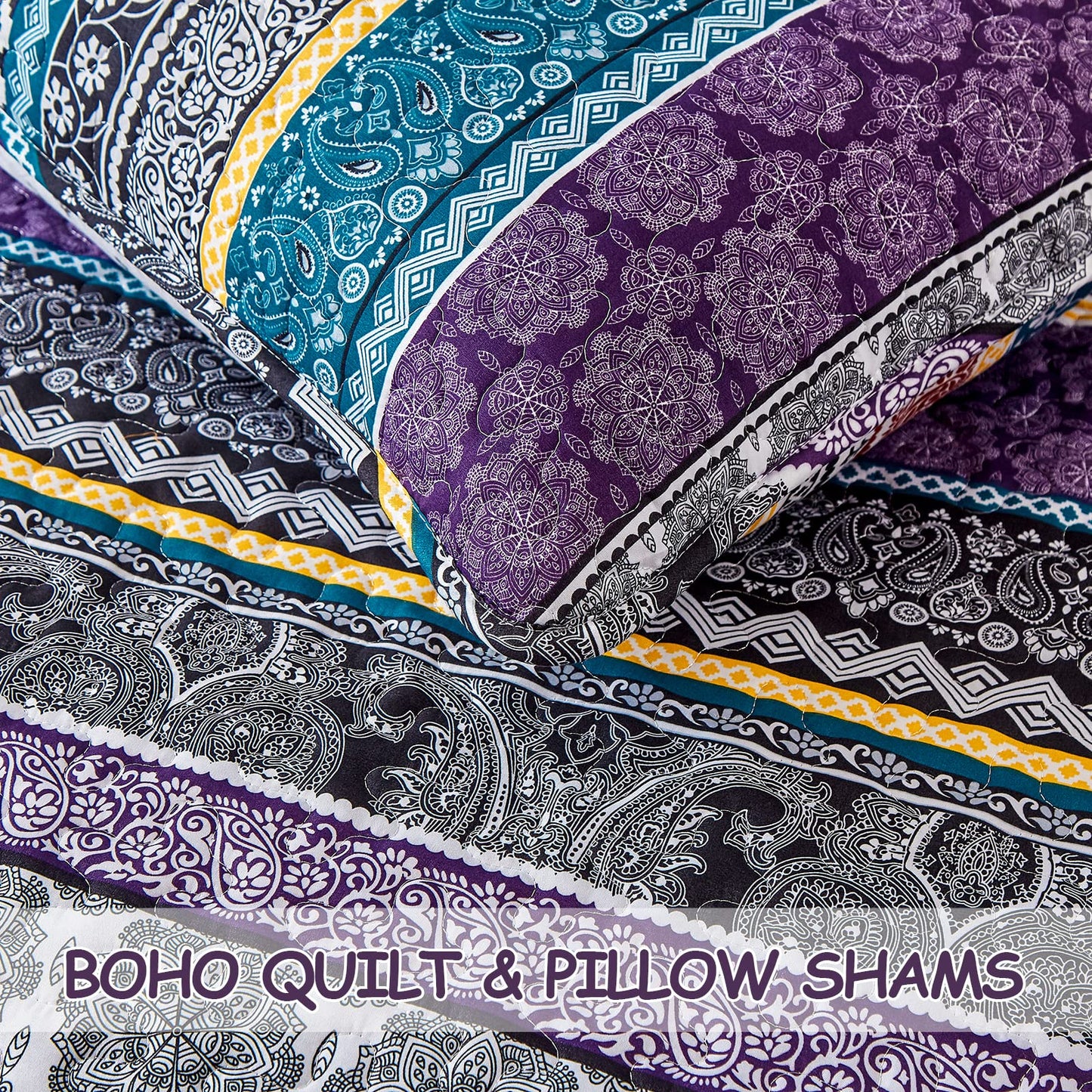WONGS BEDDING Boho Quilt Set King Size, Purple Bohemian 3 Pieces Quilt Sets, Lightweight Bedspread Coverlet Bedding Set for All Season (103"x90")