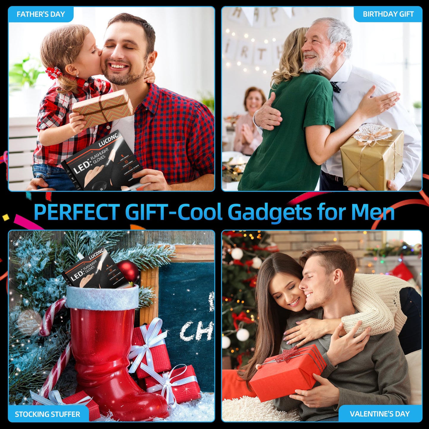 lucdnc Gifts for Men Stocking Stuffers for Adults LED Flashlight Gloves Cool Gadgets Tools Outdoor Hands Free Flashlights for Fishing Repairing Camping Unique Men Birthday Christmas Gifts