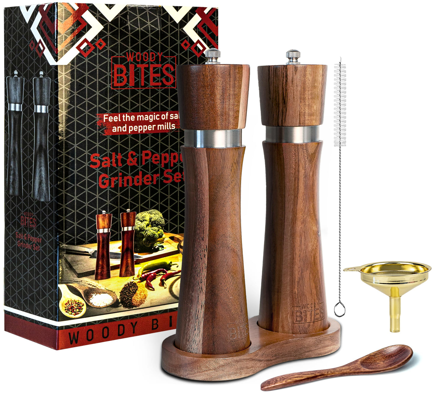 Acacia Wood Salt & Pepper Grinder Set β 8" Manual Adjustable Mills β Wooden Pepper Mill Gift Set with Funnel, Spoon & Brush β Eco-Friendly Kitchen Spice Grinder