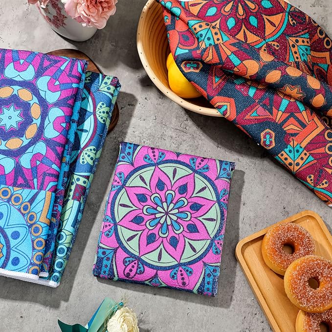 Boyiee Set of 6 Mandala Kitchen Towels Absorbent Boho Dish Towels 24 x 16