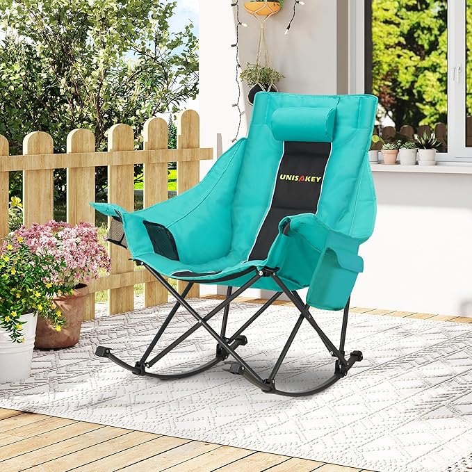 Oversized Rocking Camping Chair with Headrest & Cup Holder - 400lbs Capacity, 600D Oxford Fabric, Easy Fold Portable Outdoor Rocker Chair for Camping, Backyard, Beach, Blackgreen