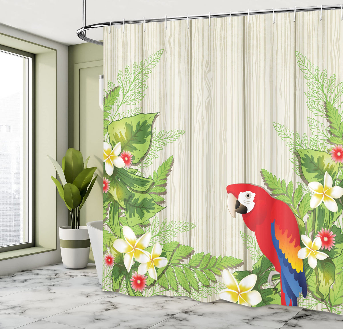 Ambesonne Parrot Shower Curtain, Tropic Flowers and Parrot in Summer Garden Wooden Wall Ferns Art, Cloth Fabric Bathroom Decor Set with Hooks, 69" W x 84" L, Cream Green Red