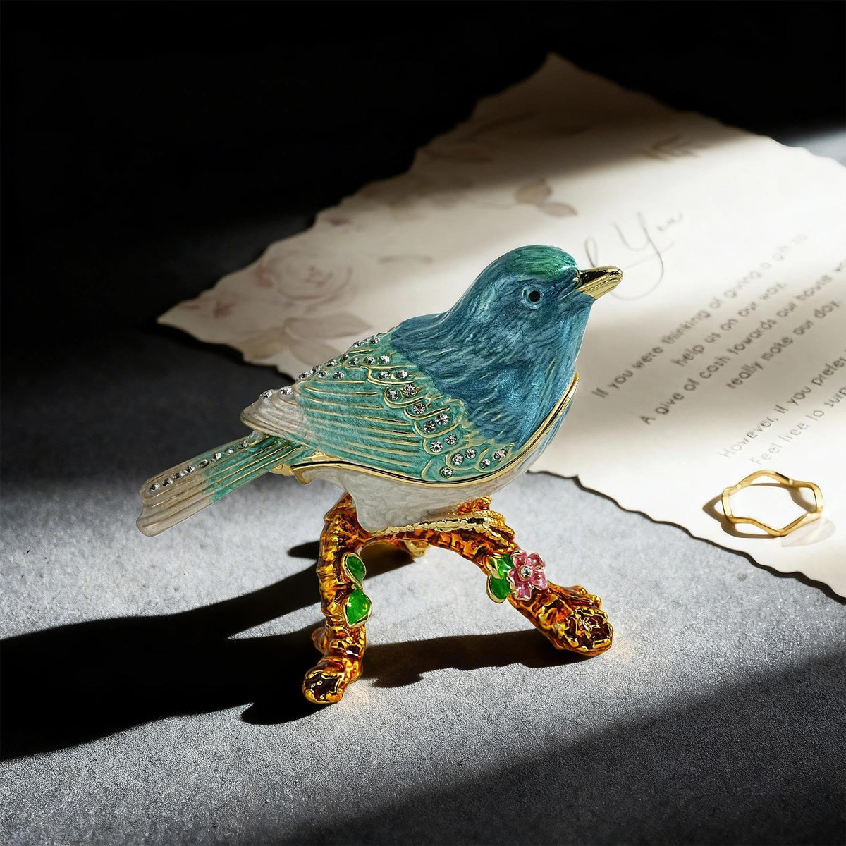 YU FENG Enamel Bird Trinket Box Jewelry Organizer, Hand Painted Decorative Hinged Keepsake Box – Blue Green Perched Bird